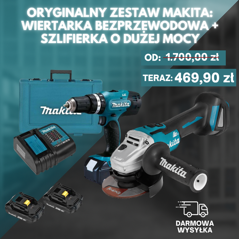 ORYGINALNY ZESTAW MAKITA: WIERTARKA BEZPRZEWODOWA + SZLIFIERKA O DUŻEJ MOCY + 26 AKCESORIÓW + 2 BATERIE